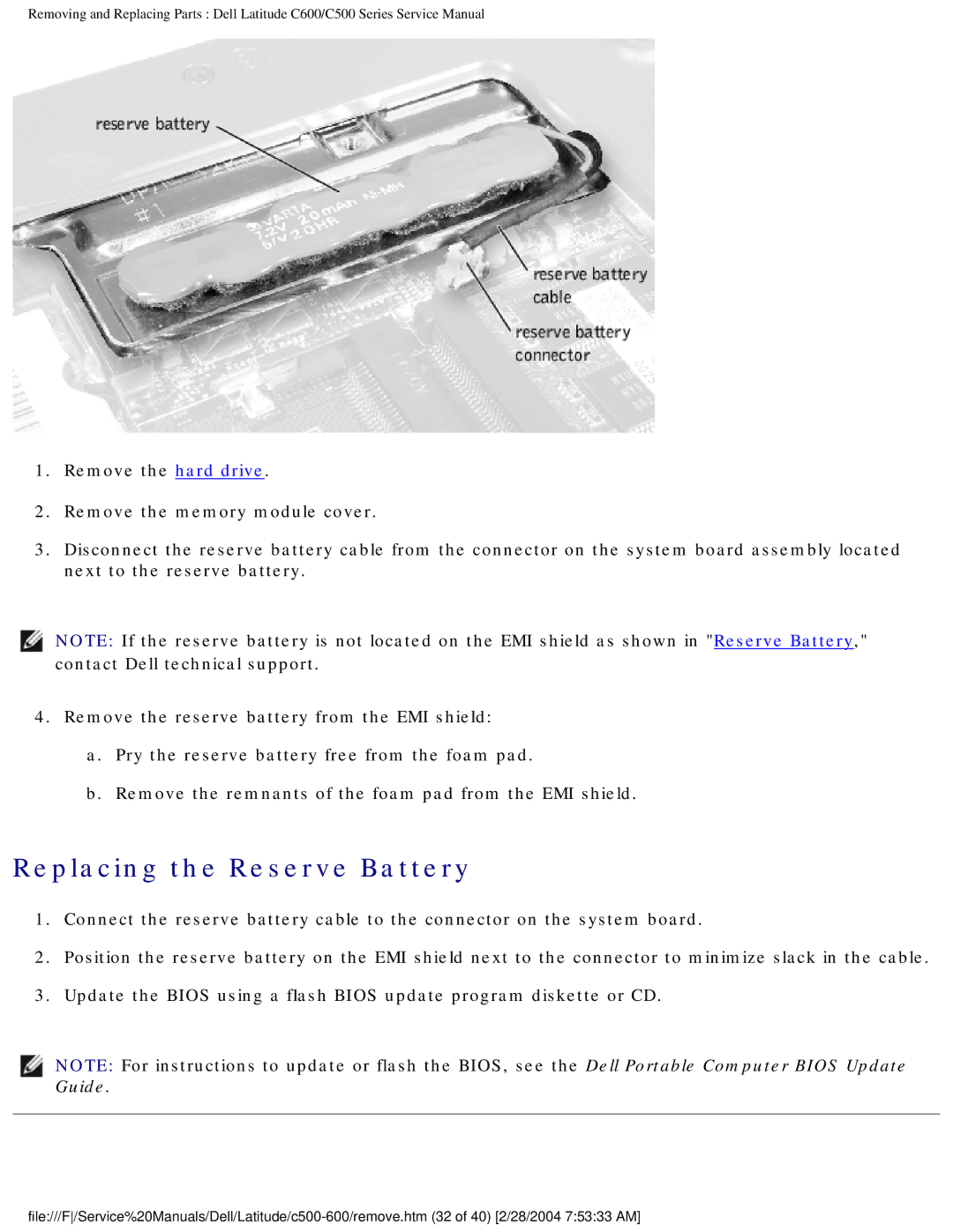 Dell C500 manual Replacing the Reserve Battery 