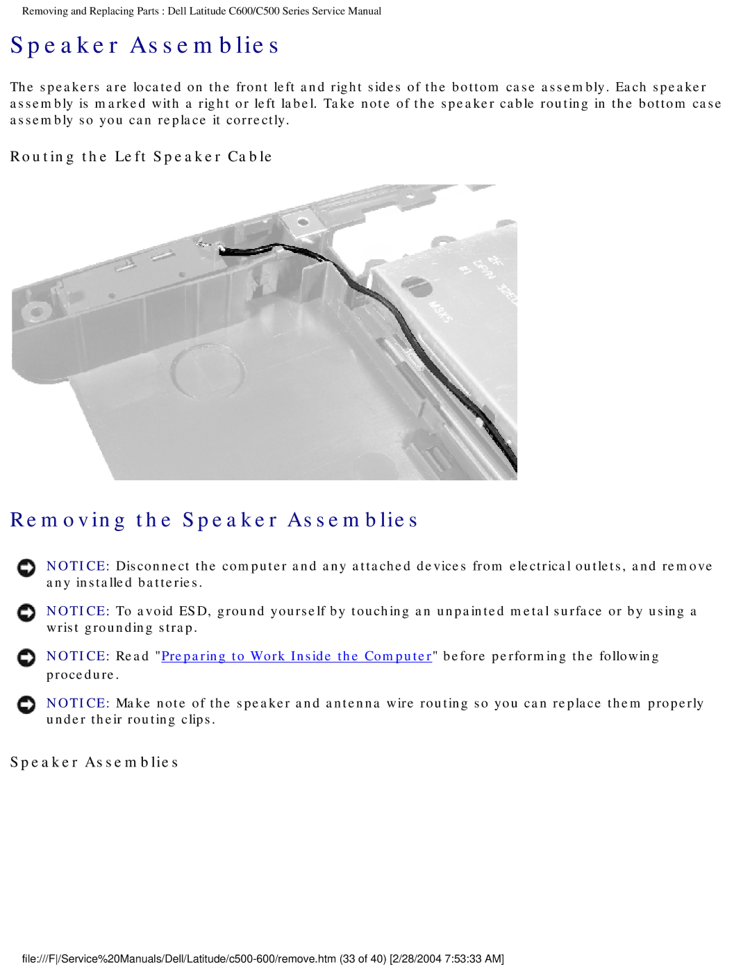 Dell C500 manual Removing the Speaker Assemblies, Routing the Left Speaker Cable 