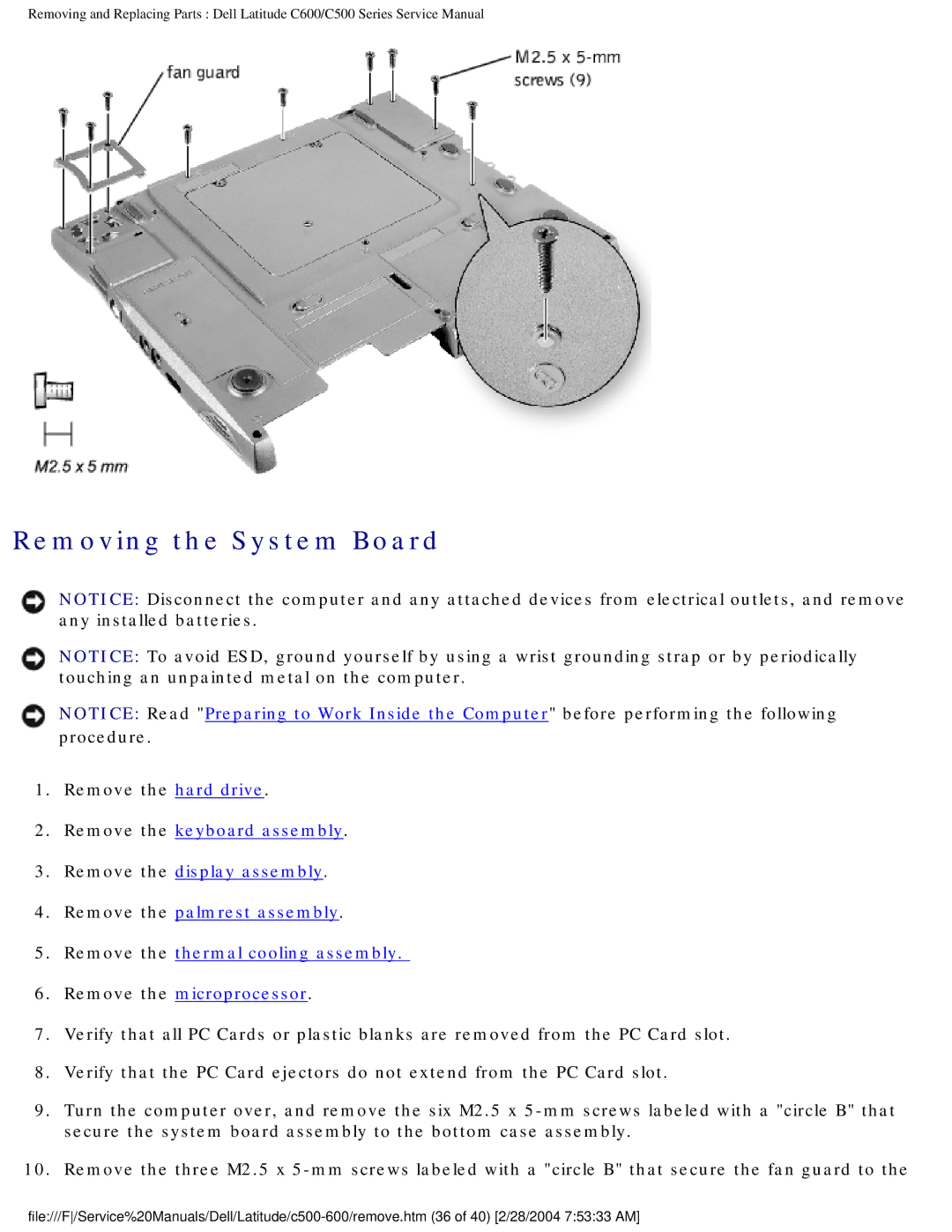 Dell C500 manual Removing the System Board 