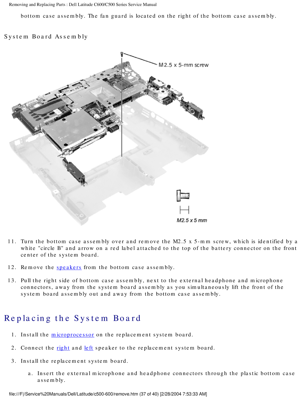 Dell C500 manual Replacing the System Board, System Board Assembly 