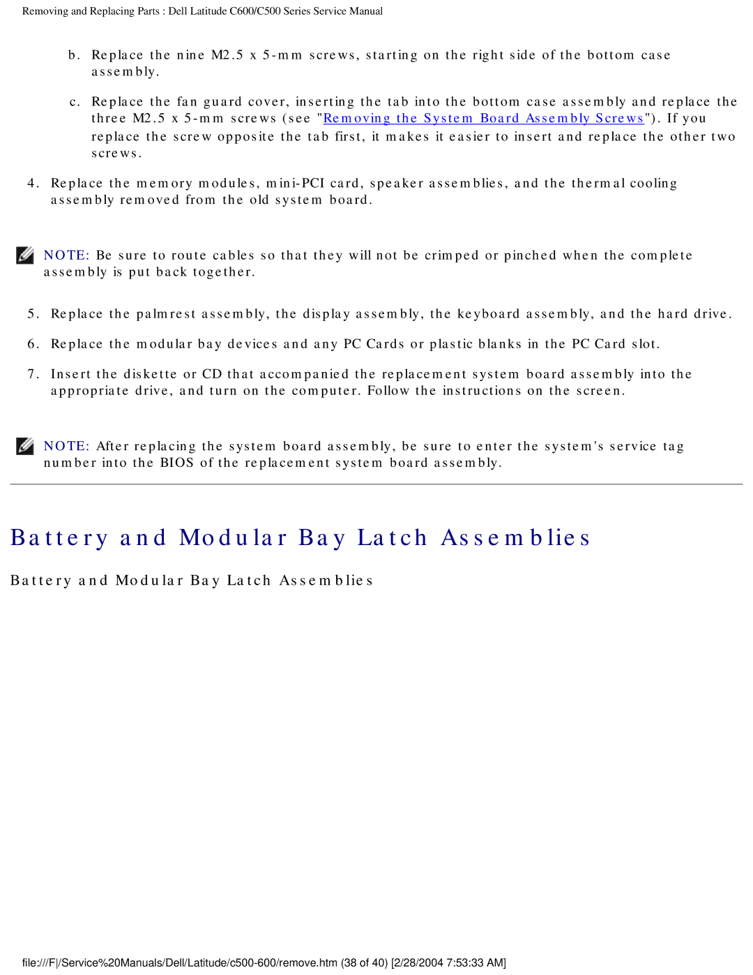 Dell C500 manual Battery and Modular Bay Latch Assemblies 