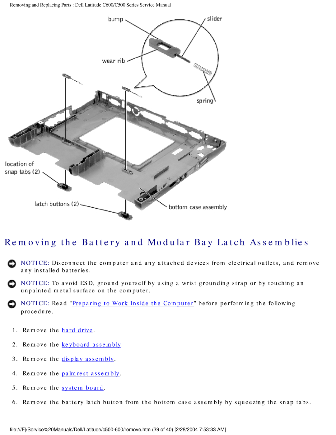 Dell C500 manual Removing the Battery and Modular Bay Latch Assemblies 