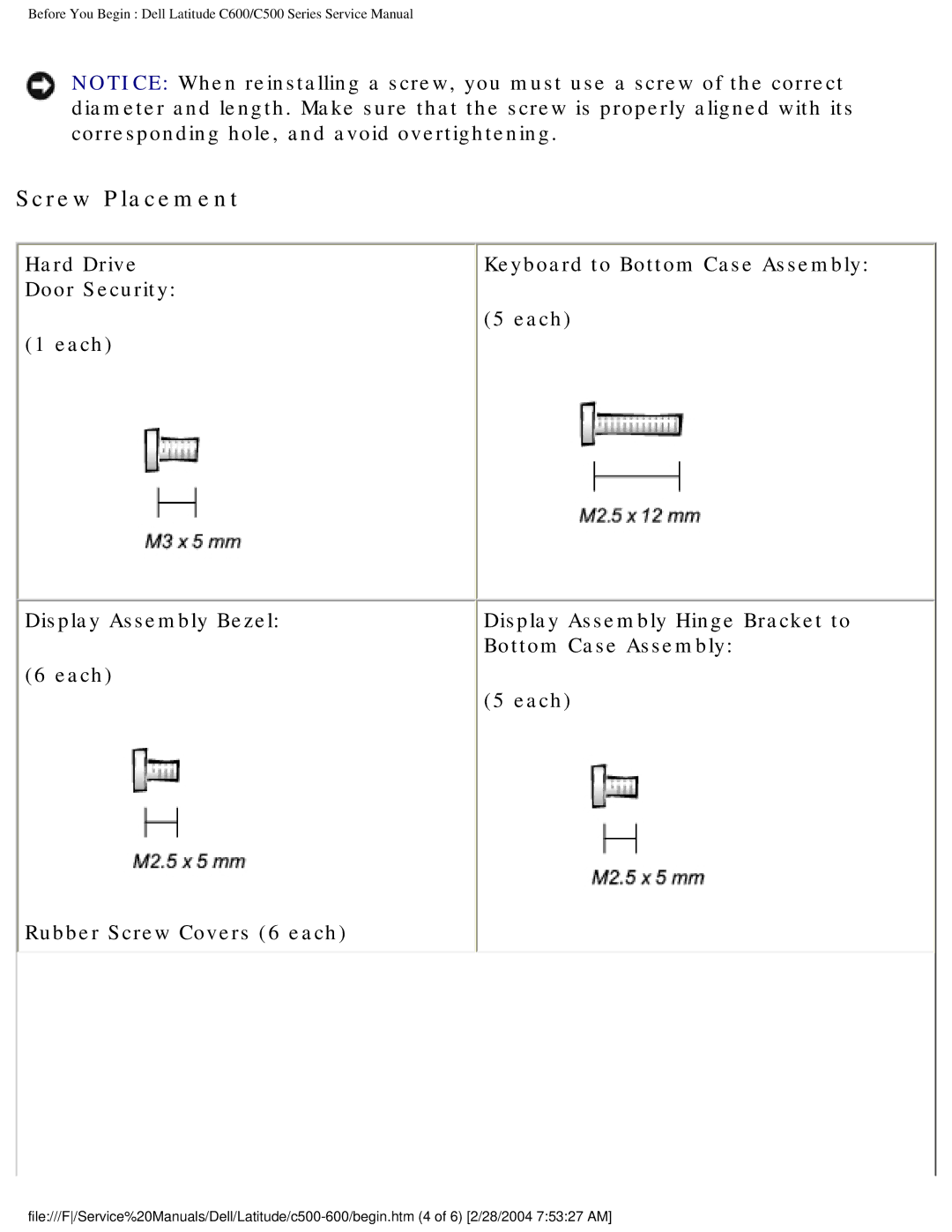 Dell C500 manual Screw Placement 