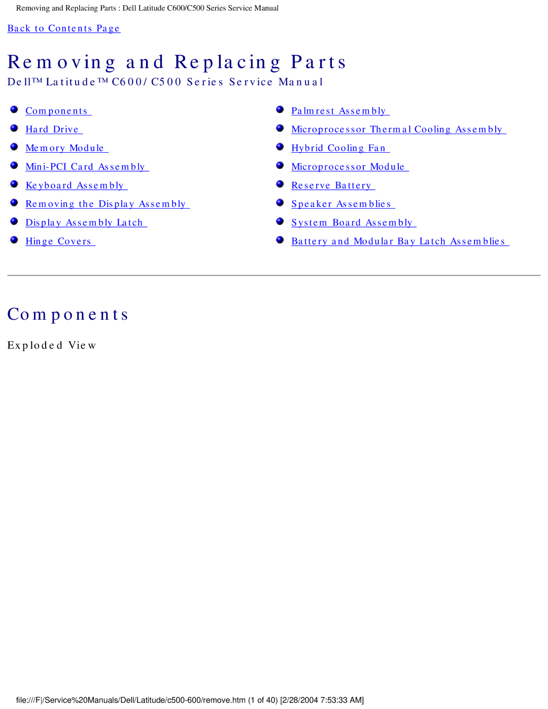 Dell C500 manual Components, Exploded View 