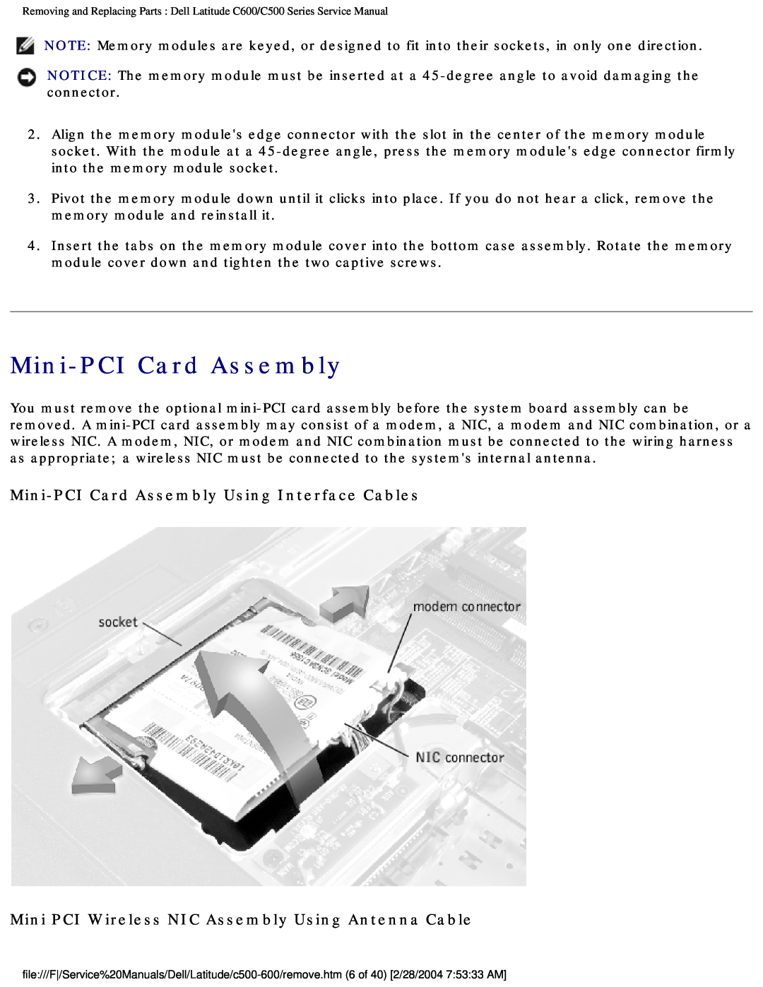 Dell C500 manual Mini-PCI Card Assembly Using Interface Cables, Mini PCI Wireless NIC Assembly Using Antenna Cable 