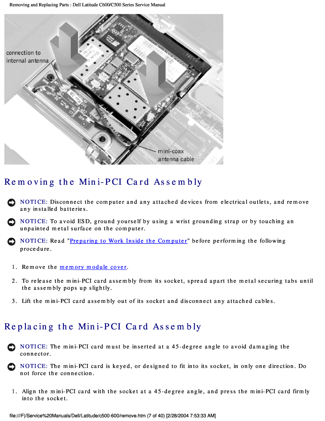 Dell C500 manual Removing the Mini-PCI Card Assembly, Replacing the Mini-PCI Card Assembly, Remove the memory module cover 