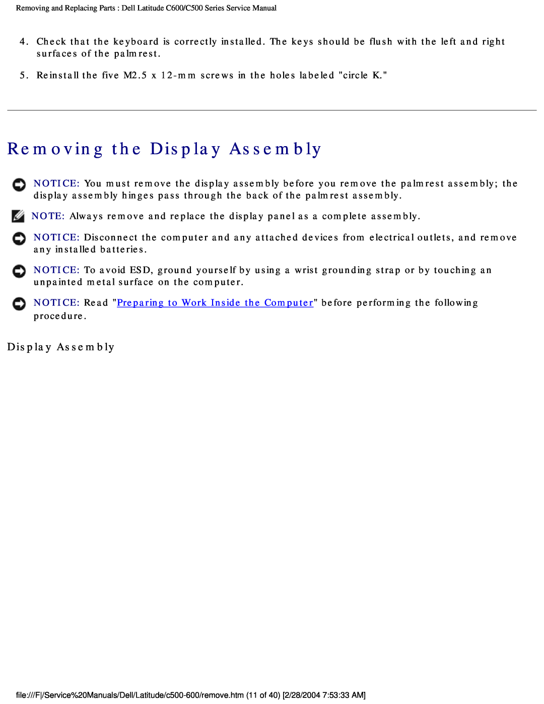 Dell C500 manual Removing the Display Assembly 