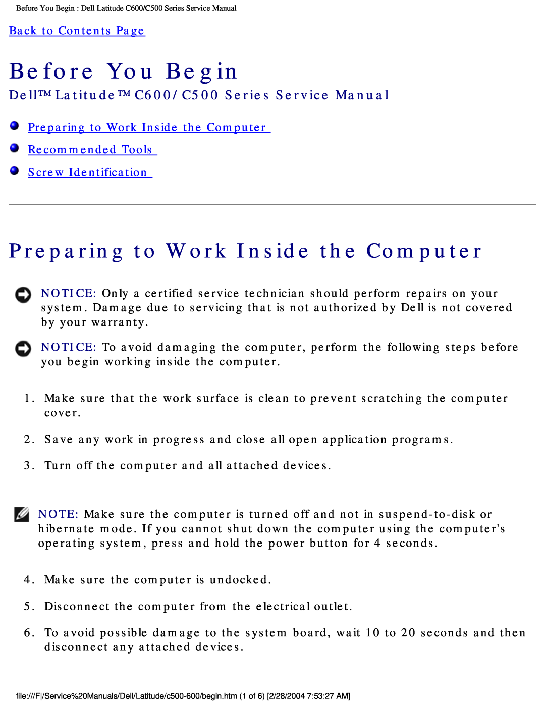 Dell manual Before You Begin, Preparing to Work Inside the Computer, Dell Latitude C600/C500 Series Service Manual 