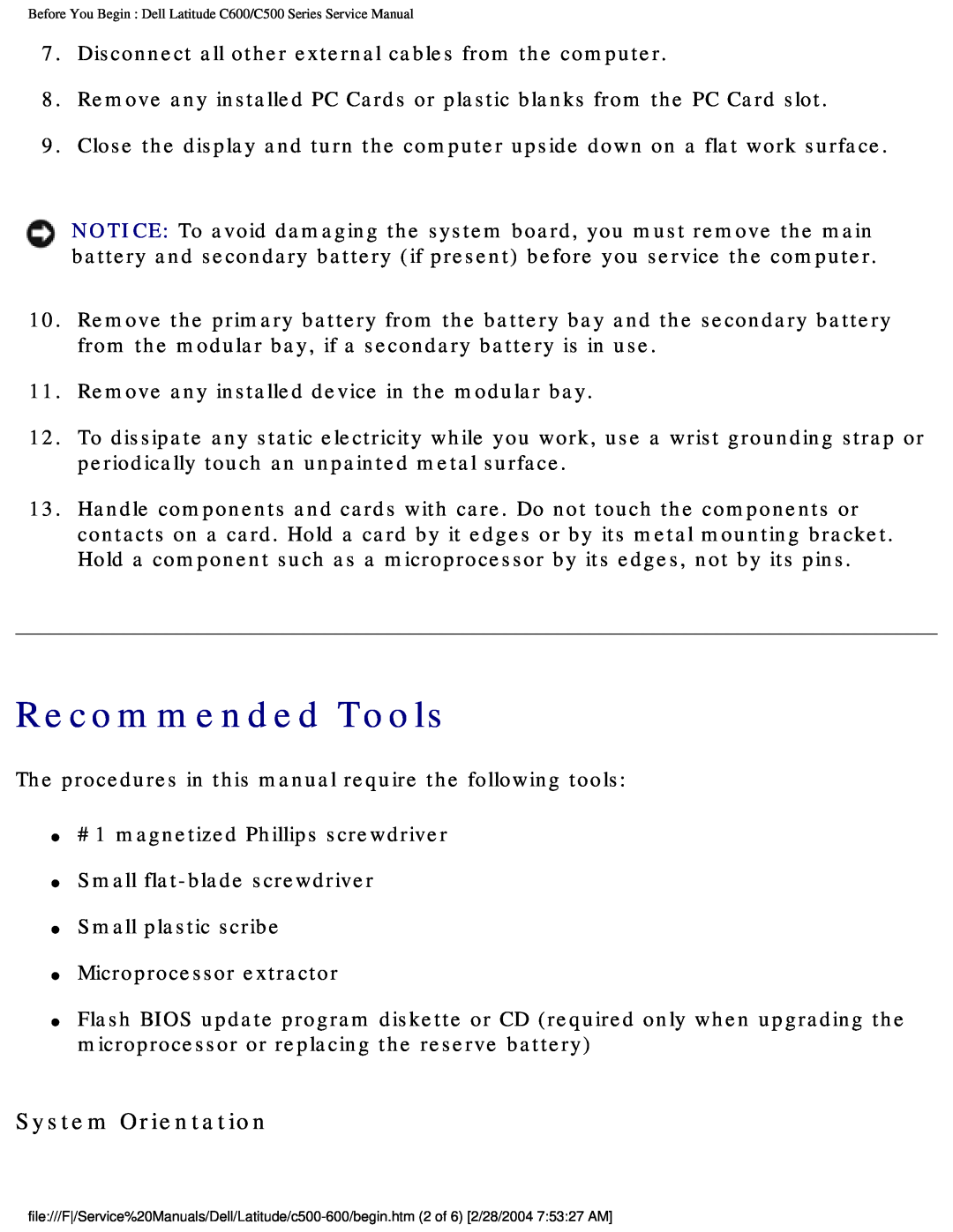 Dell C500 manual Recommended Tools, System Orientation 