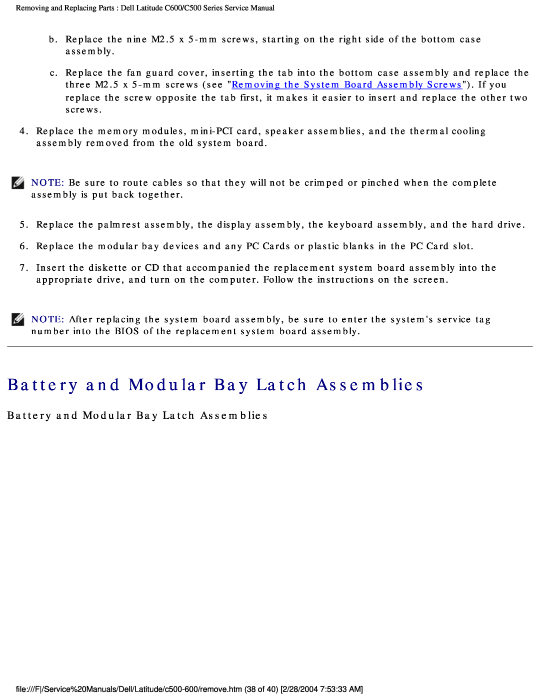 Dell C500 manual Battery and Modular Bay Latch Assemblies 