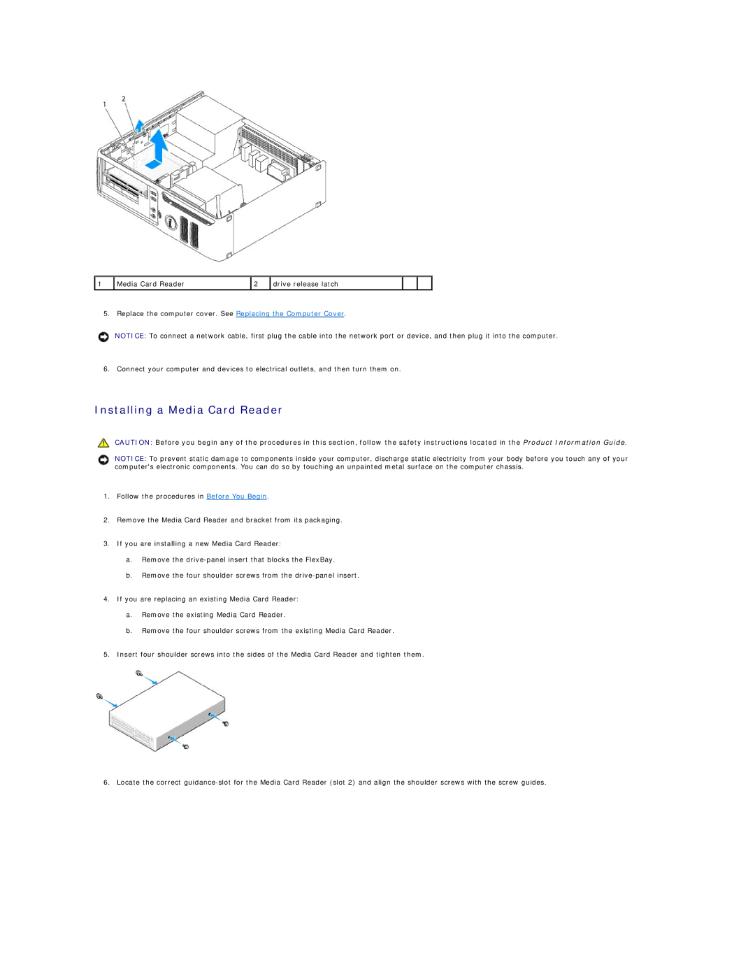 Dell C521 specifications Installing a Media Card Reader 