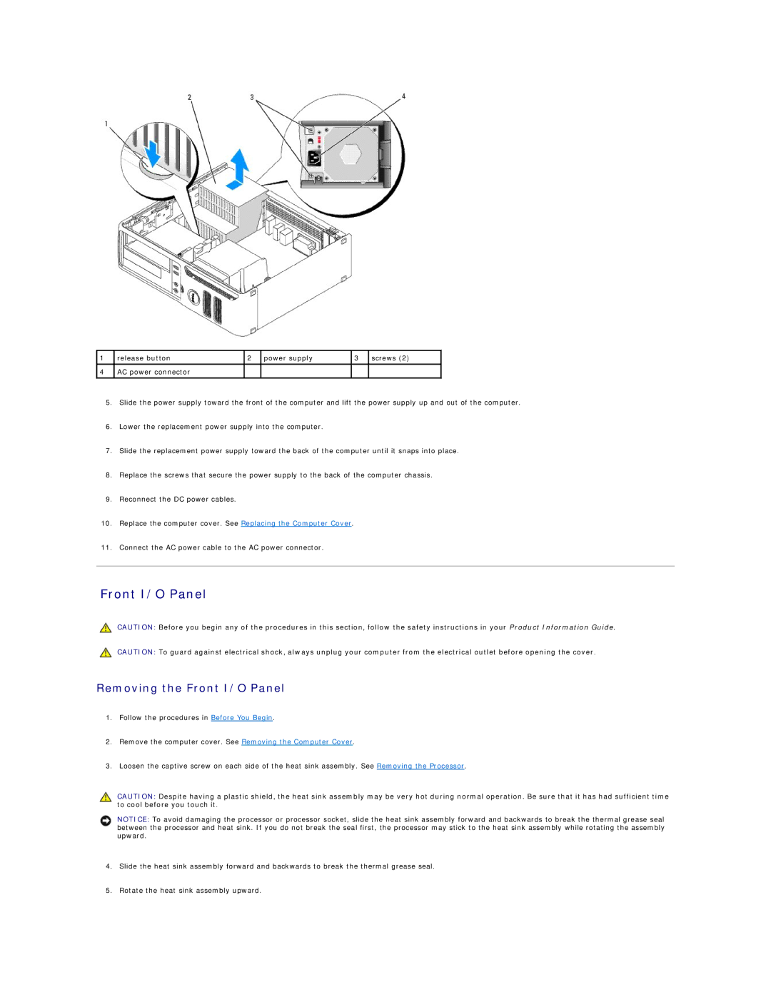 Dell C521 specifications Removing the Front I/O Panel 