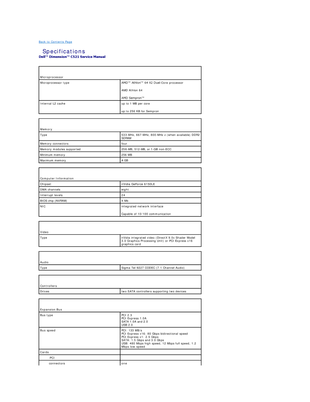 Dell C521 specifications Specifications 