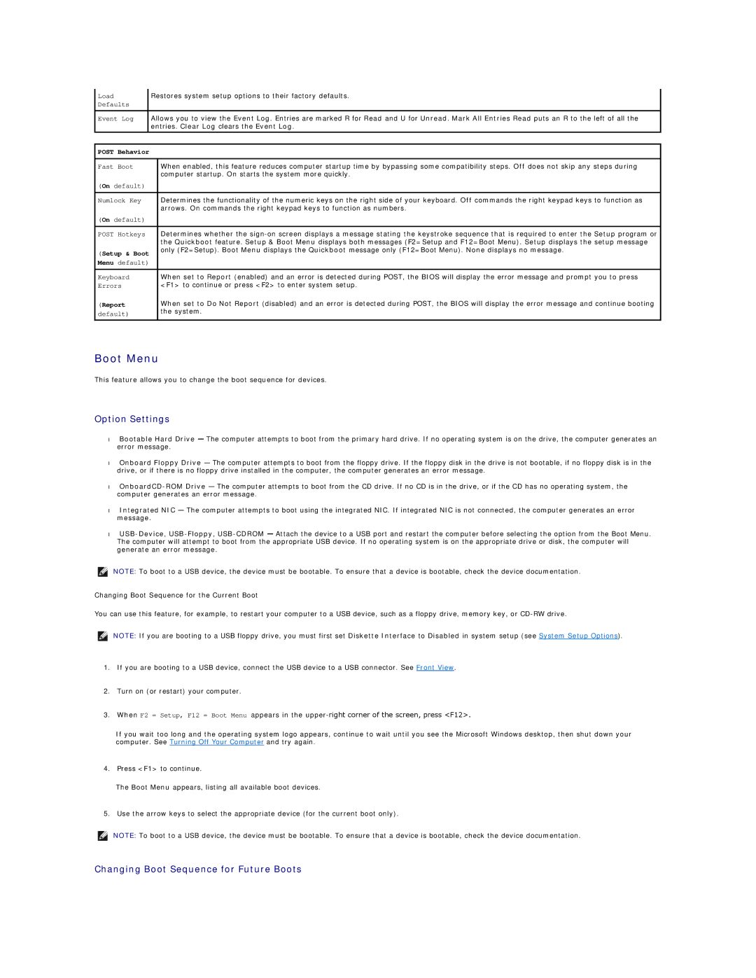 Dell C521 specifications Boot Menu, Post Behavior 