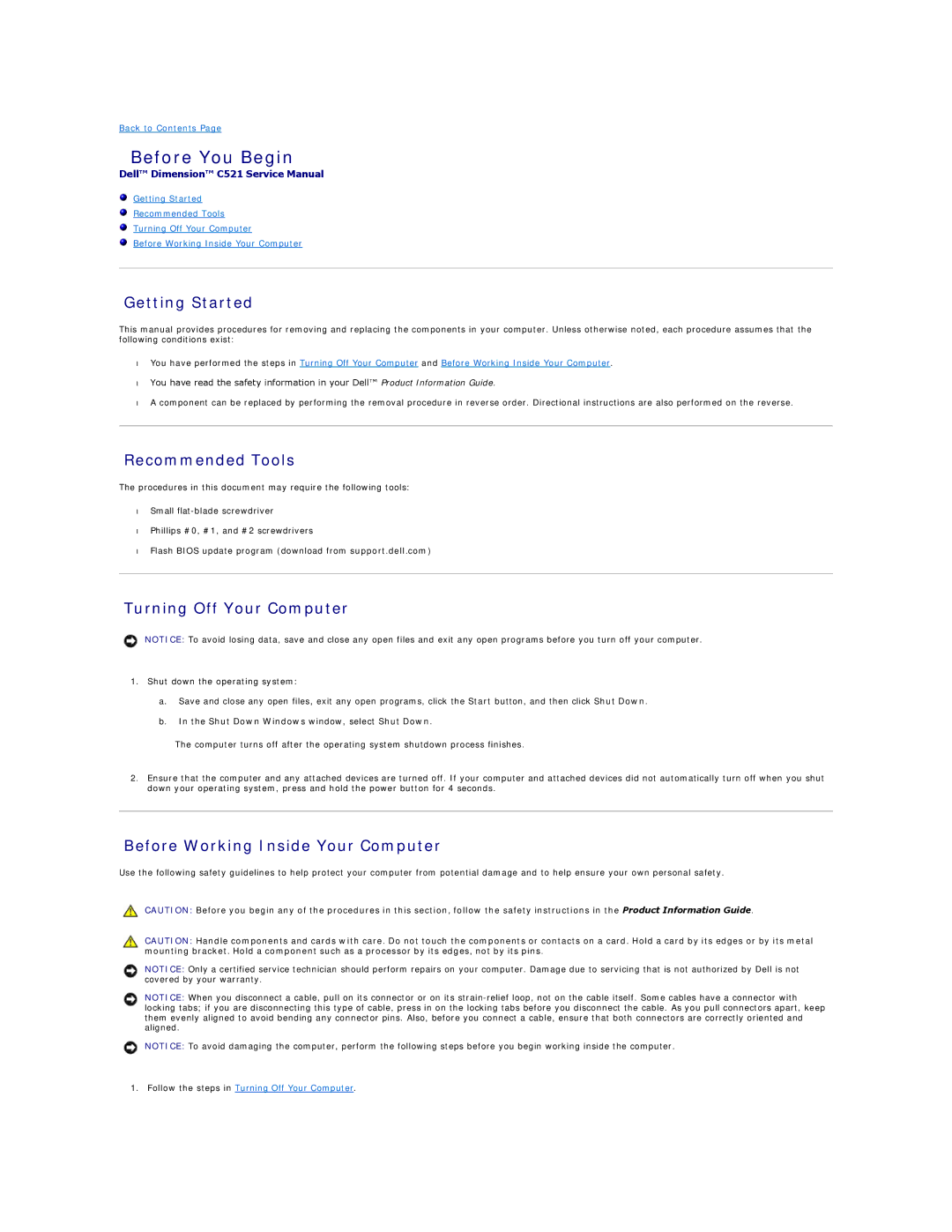 Dell C521 specifications Before You Begin, Getting Started, Recommended Tools, Turning Off Your Computer 