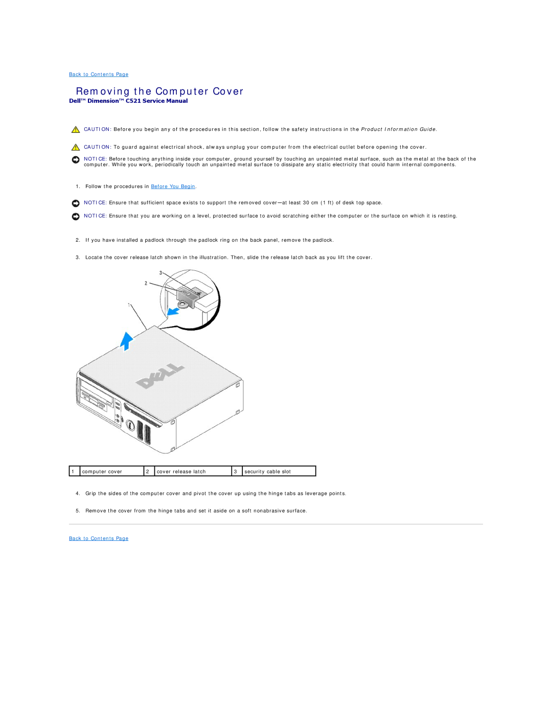 Dell C521 specifications Removing the Computer Cover 