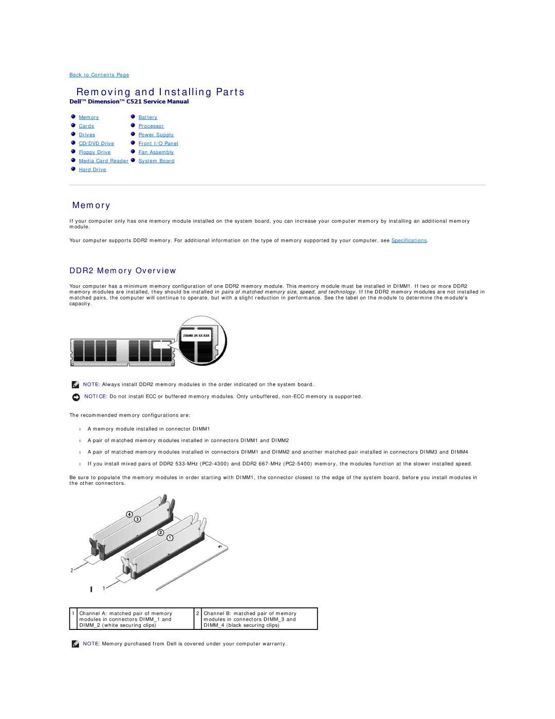 Dell C521 specifications Removing and Installing Parts, DDR2 Memory Overview 