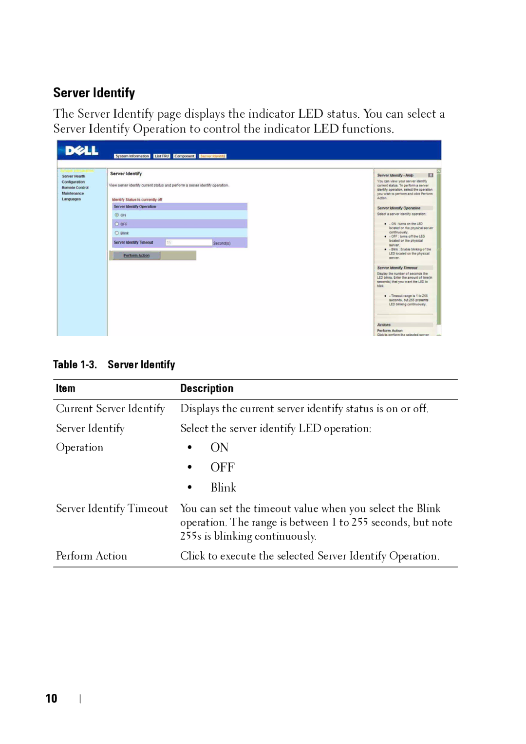 Dell C5220 manual Blink, Server Identify Description 