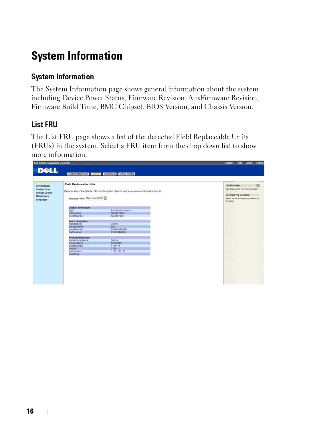 Dell C5220 manual System Information, List FRU 