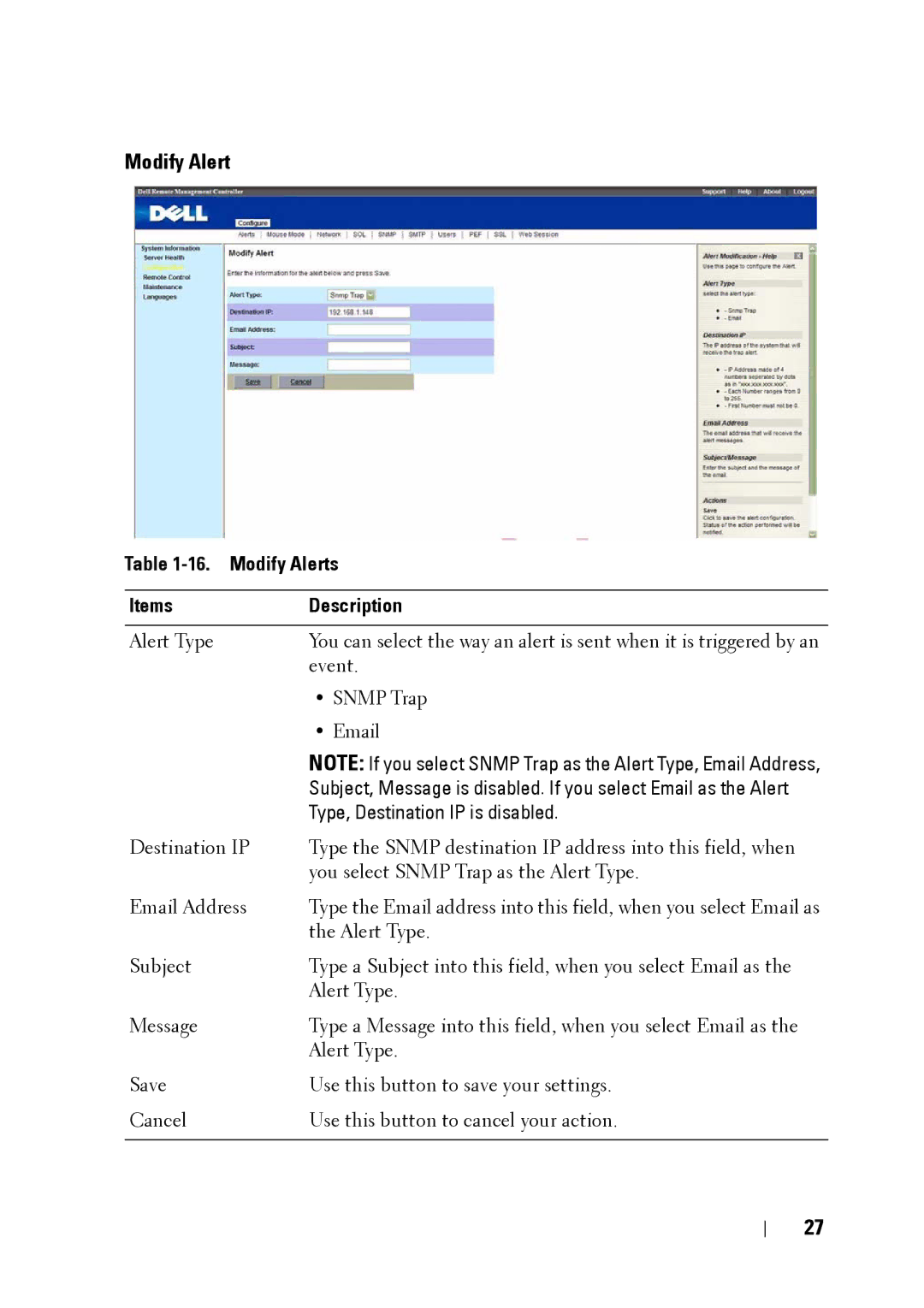 Dell C5220 manual Modify Alerts Items Description 