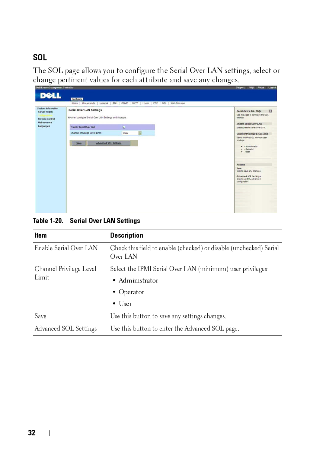 Dell C5220 manual Sol, Serial Over LAN Settings Description 