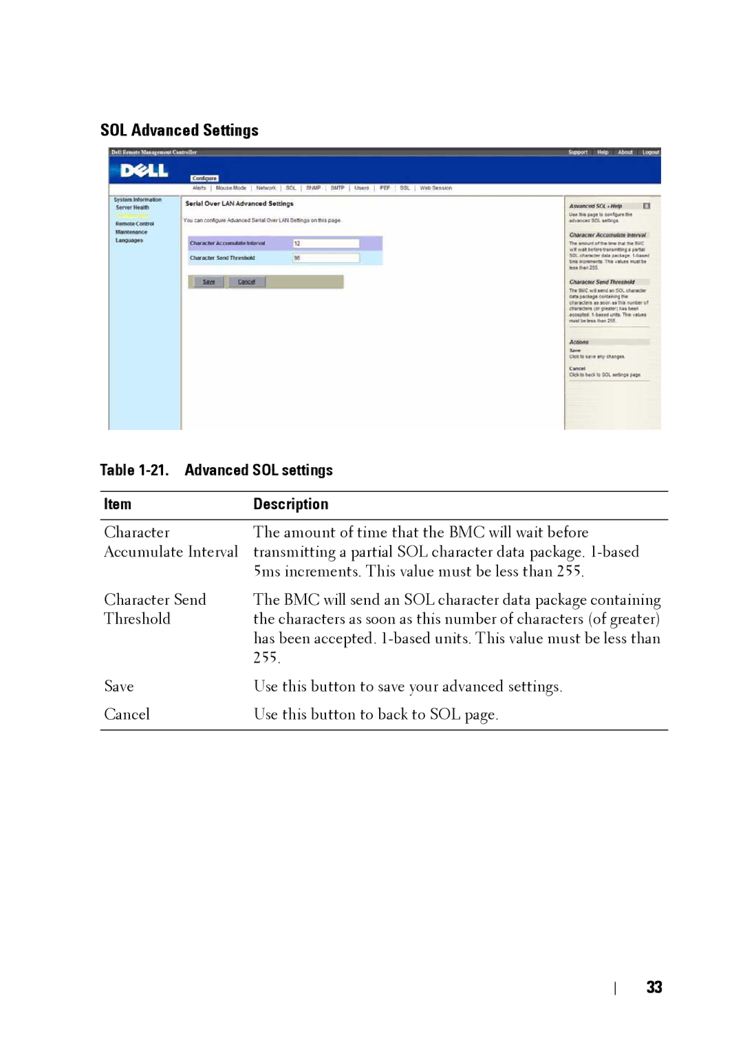 Dell C5220 manual SOL Advanced Settings, Advanced SOL settings Description 