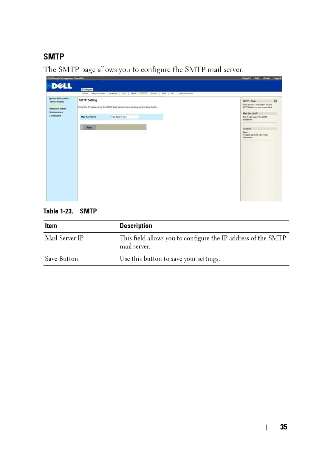 Dell C5220 manual Smtp page allows you to configure the Smtp mail server, Smtp Description 