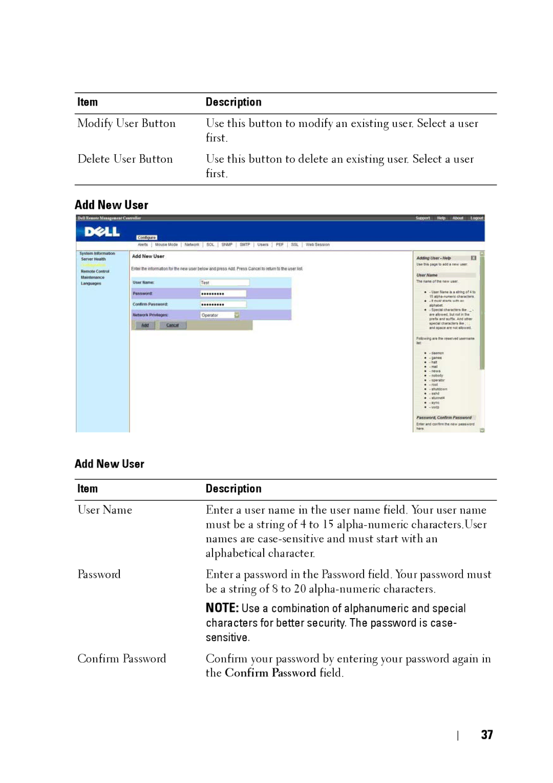 Dell C5220 manual Add New User Description 