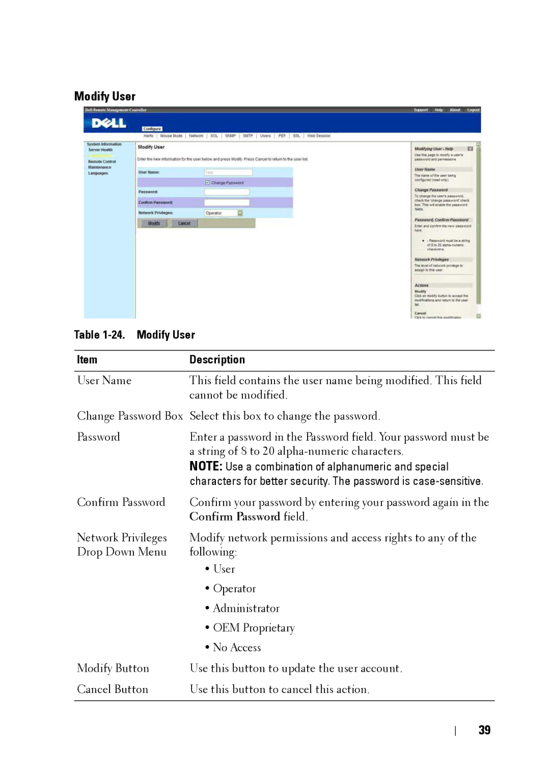 Dell C5220 manual Modify User Description 