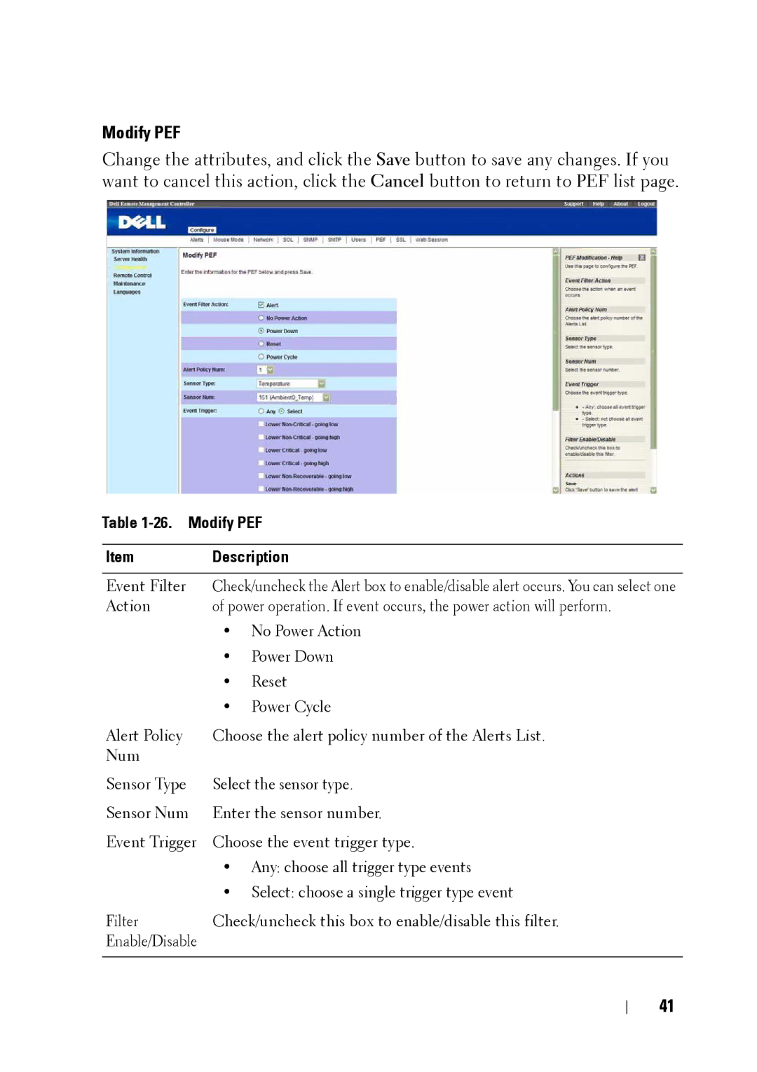 Dell C5220 manual Modify PEF Description 