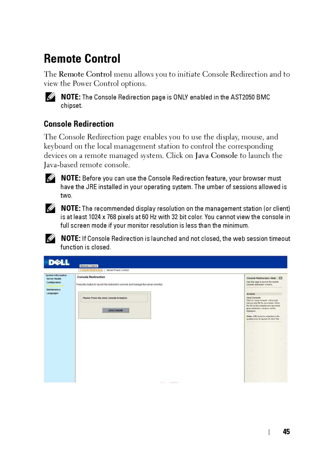 Dell C5220 manual Remote Control, Console Redirection 