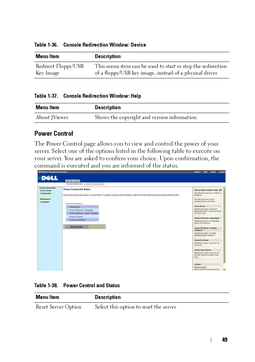 Dell C5220 manual Power Control, Console Redirection Window Device, Console Redirection Window Help 