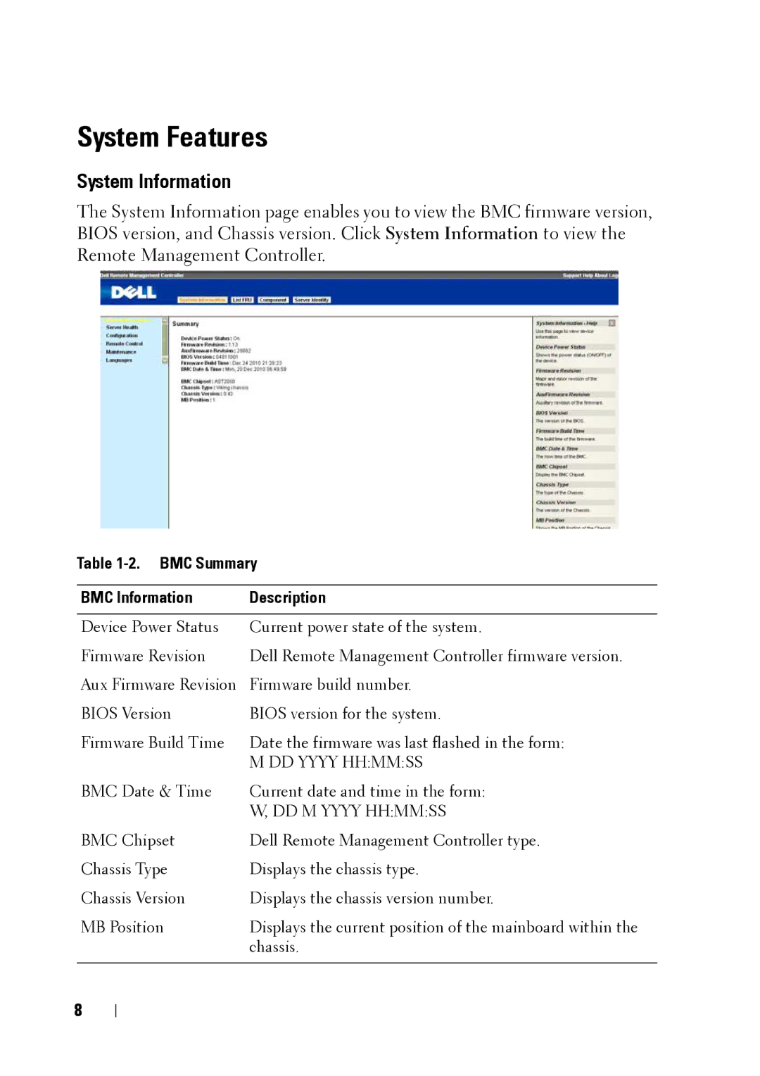 Dell C5220 System Features, System Information, BMC Summary BMC Information Description, DD Yyyy Hhmmss, DD M Yyyy Hhmmss 