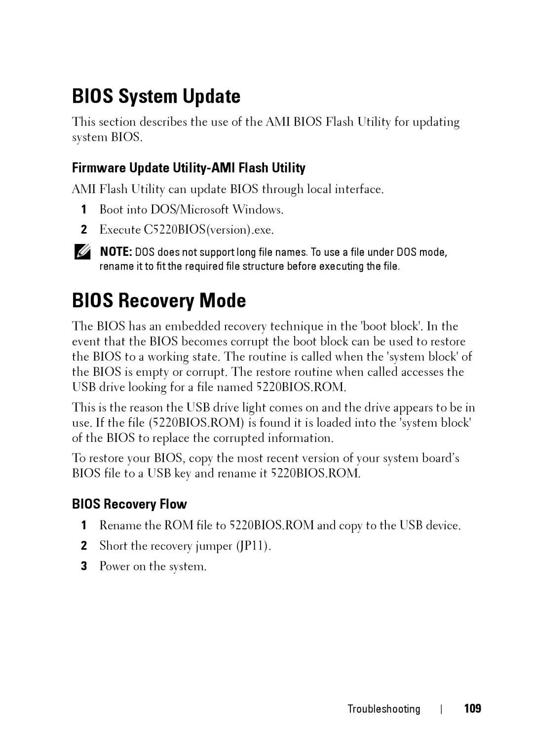 Dell C5220 Bios System Update, Bios Recovery Mode, Firmware Update Utility-AMI Flash Utility, Bios Recovery Flow, 109 