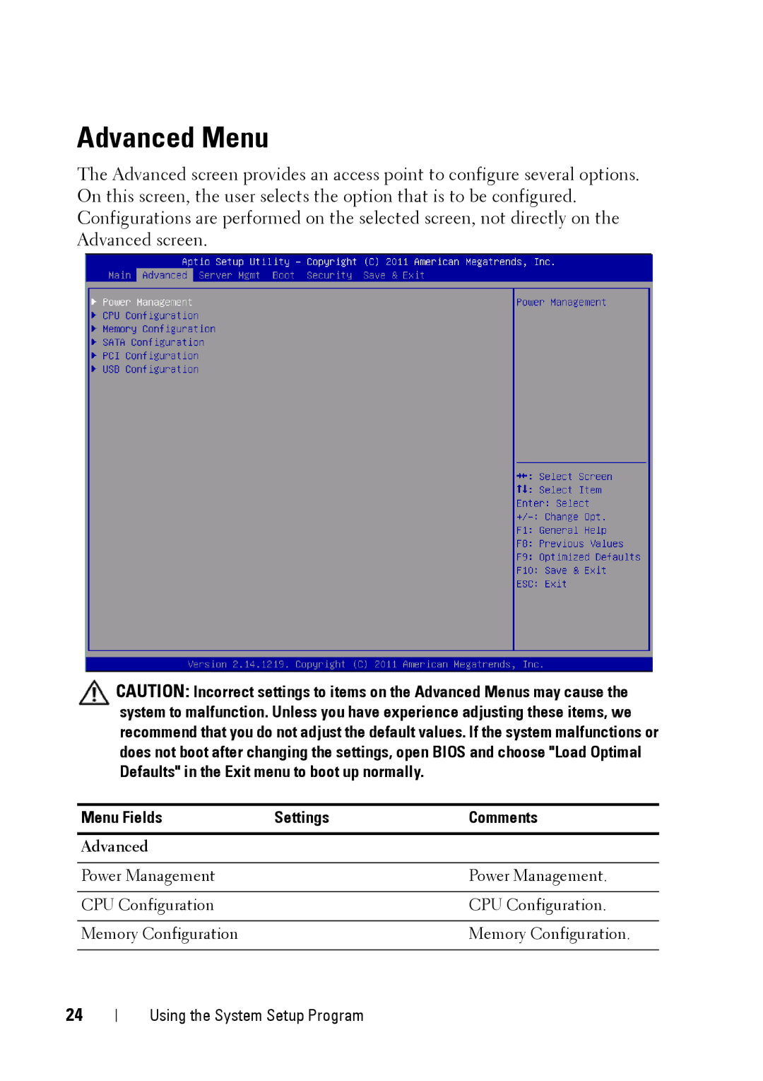 Dell C5220 owner manual Advanced Menu 