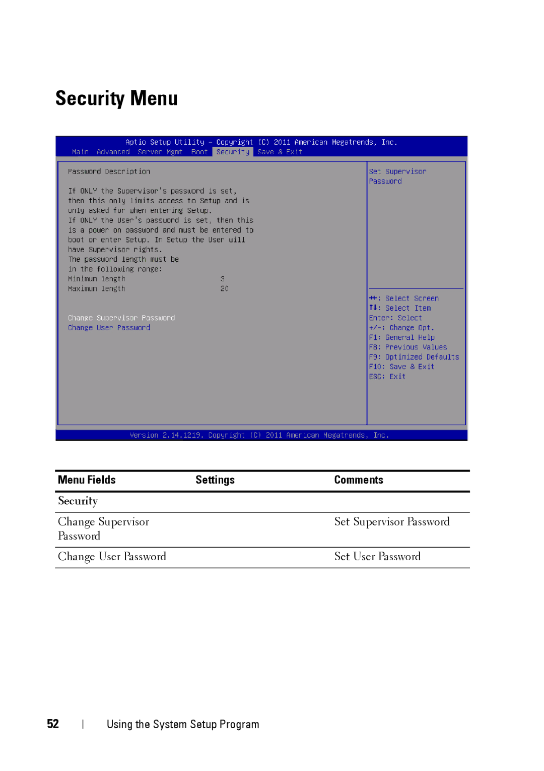 Dell C5220 owner manual Security Menu 