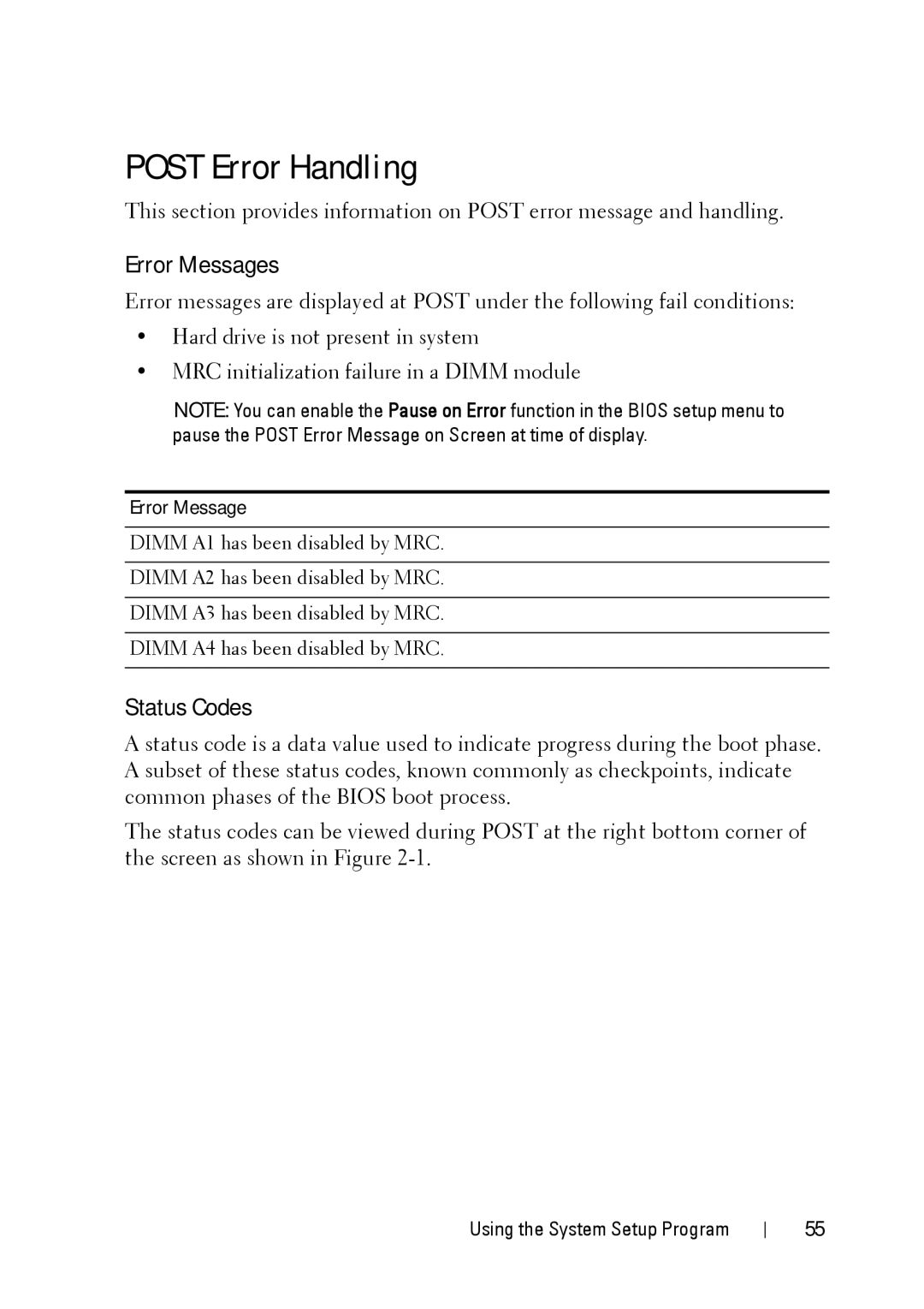 Dell C5220 owner manual Post Error Handling, Error Messages, Status Codes 