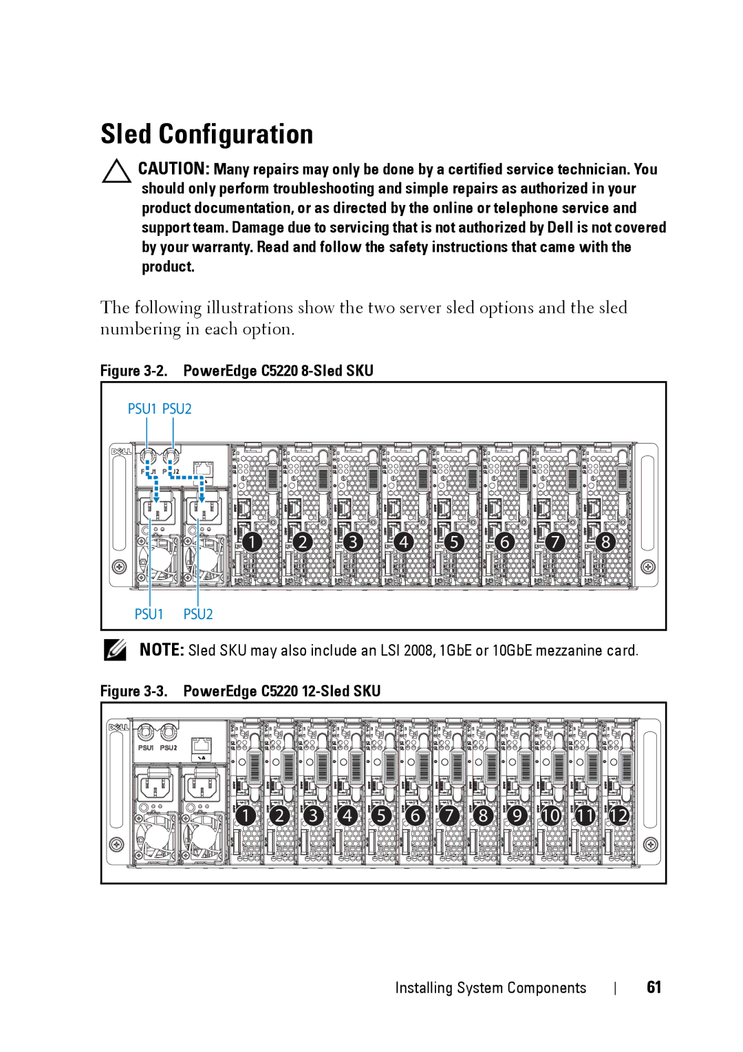 Dell owner manual Sled Configuration, PowerEdge C5220 8-Sled SKU 