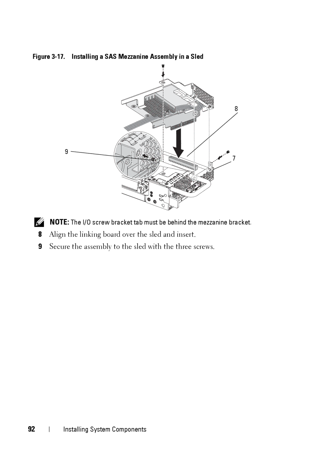 Dell C5220 owner manual Installing a SAS Mezzanine Assembly in a Sled 