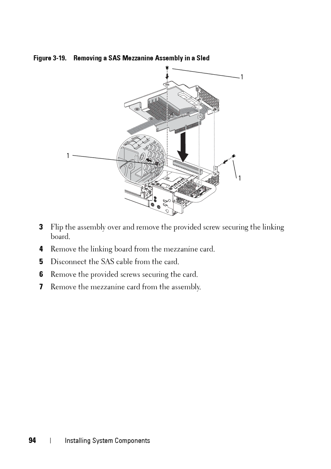 Dell C5220 owner manual Removing a SAS Mezzanine Assembly in a Sled 