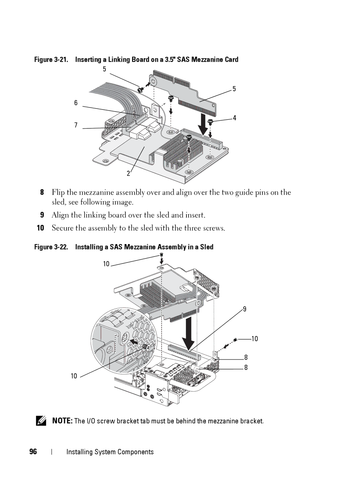 Dell C5220 owner manual Inserting a Linking Board on a 3.5 SAS Mezzanine Card 