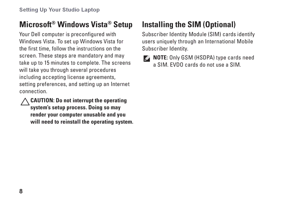 Dell PP40L, 0C547MA00 setup guide Installing the SIM Optional, Microsoft Windows Vista Setup 