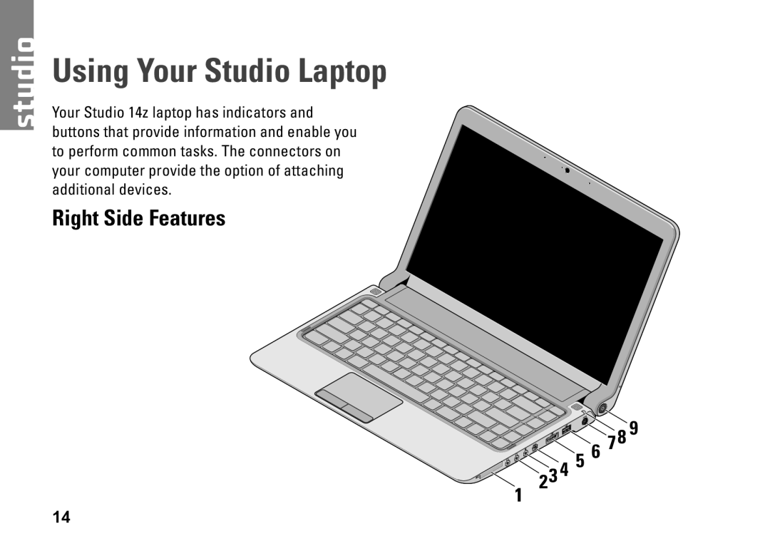 Dell PP40L, 0C547MA00 setup guide Using Your Studio Laptop, Right Side Features 