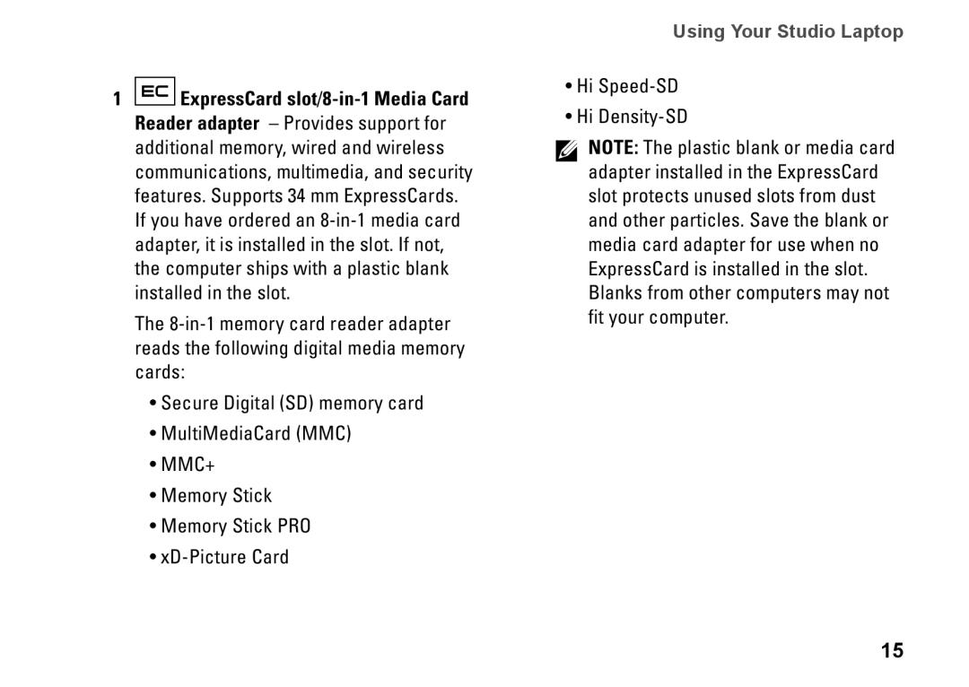 Dell 0C547MA00, PP40L setup guide Using Your Studio Laptop 