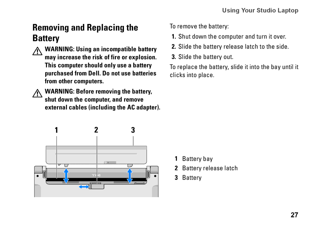 Dell 0C547MA00, PP40L setup guide Removing and Replacing the Battery, Battery bay 