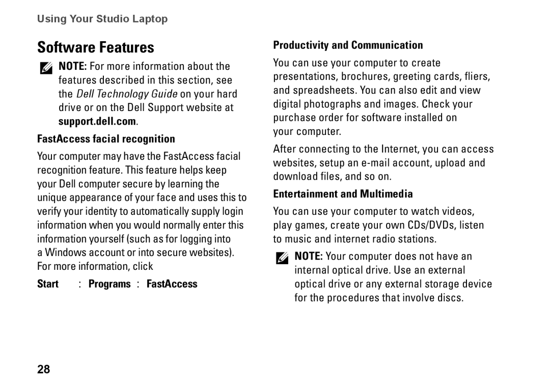 Dell PP40L, 0C547MA00 setup guide Software Features, FastAccess facial recognition, Entertainment and Multimedia 