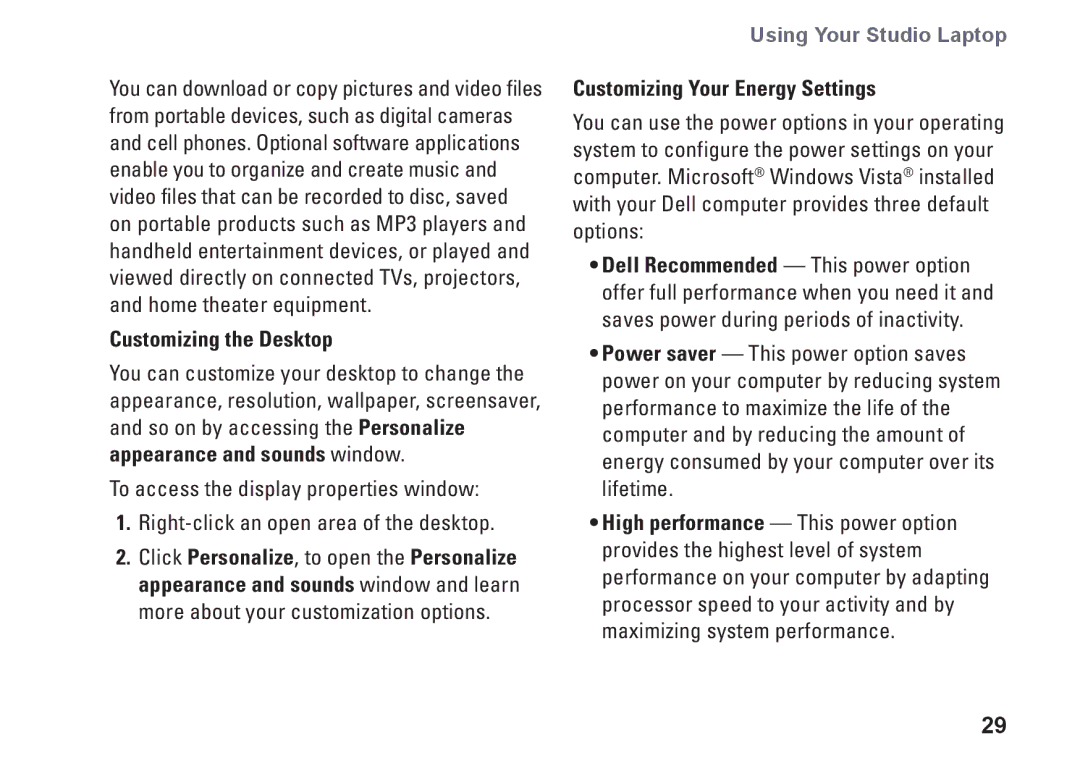 Dell PP40L, 0C547MA00 setup guide Customizing the Desktop, Customizing Your Energy Settings 