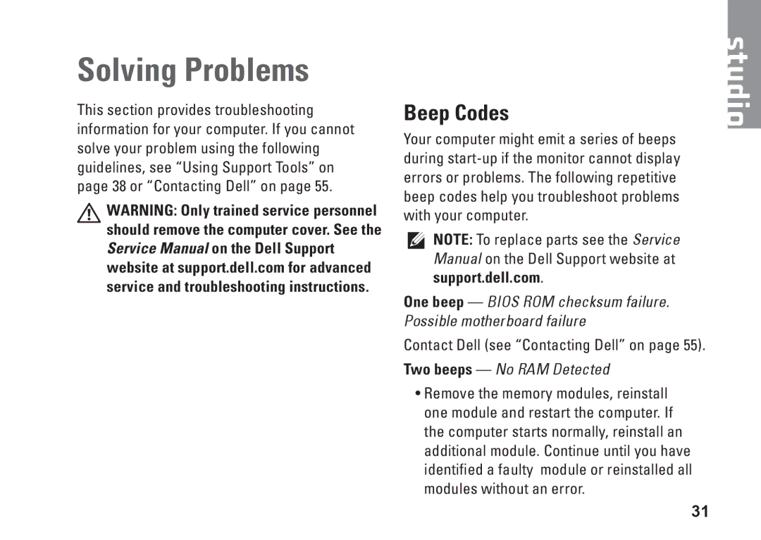 Dell PP40L, 0C547MA00 setup guide Solving Problems, Beep Codes 