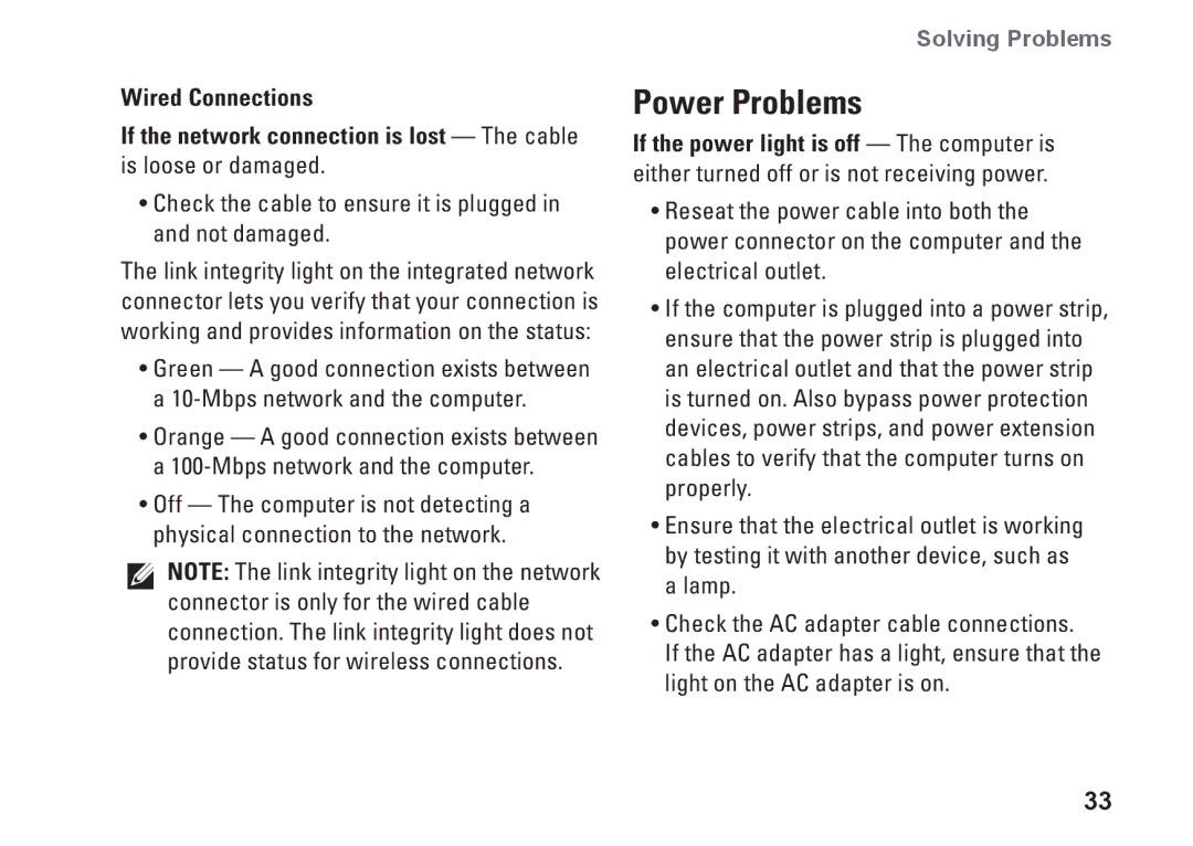 Dell 0C547MA00, PP40L setup guide Power Problems, Check the cable to ensure it is plugged in and not damaged 