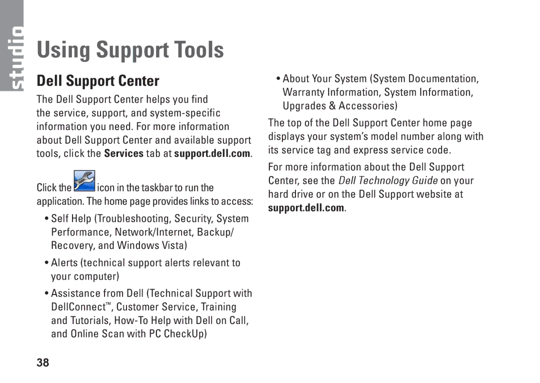 Dell PP40L, 0C547MA00 setup guide Using Support Tools, Dell Support Center 